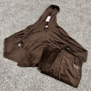NWT JUICY COUTURE Size XL Velour  Bling Tracksuit Hoodie Pants Set Brown Sugar